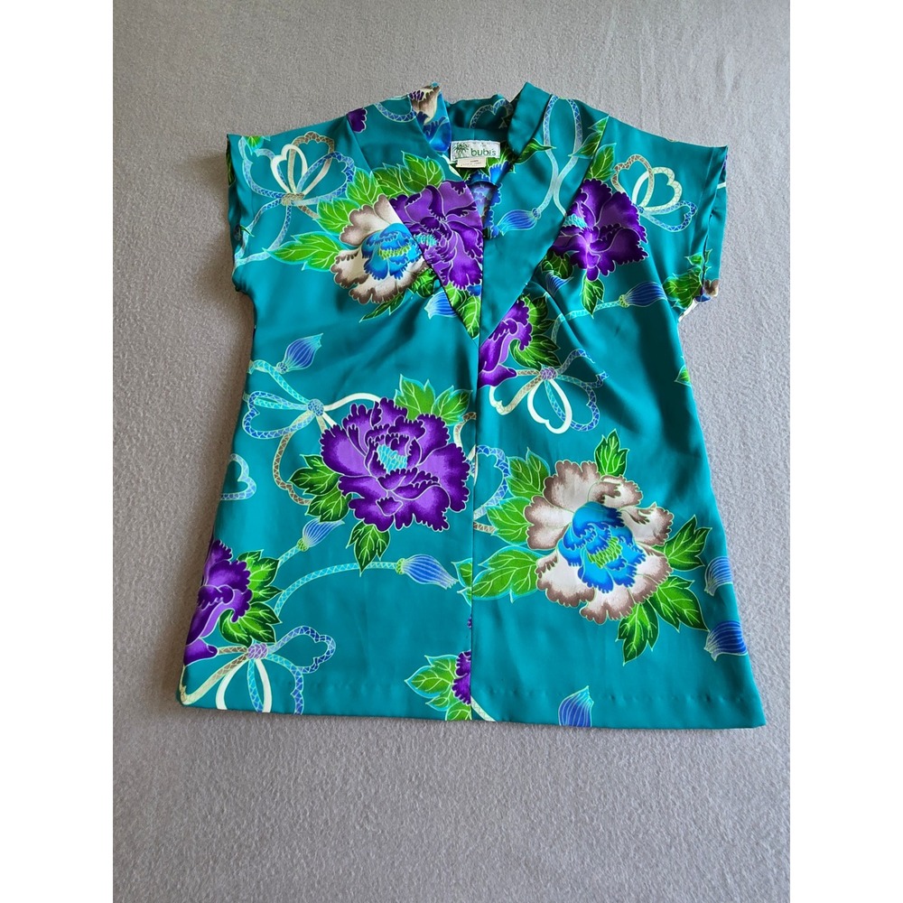 Bubi's Floral Blouse Womens XXS Teal Purple Made in Hawaii Vintage Aloha Top